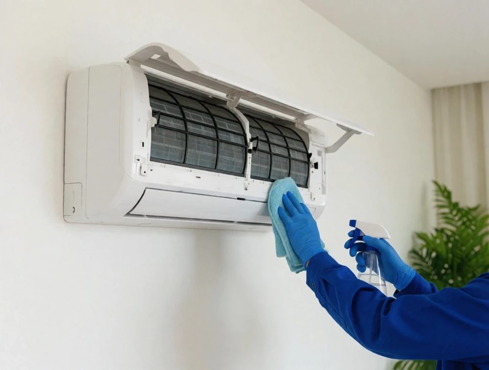 Agent EPURE nettoyant les filtres d'un climatiseur split